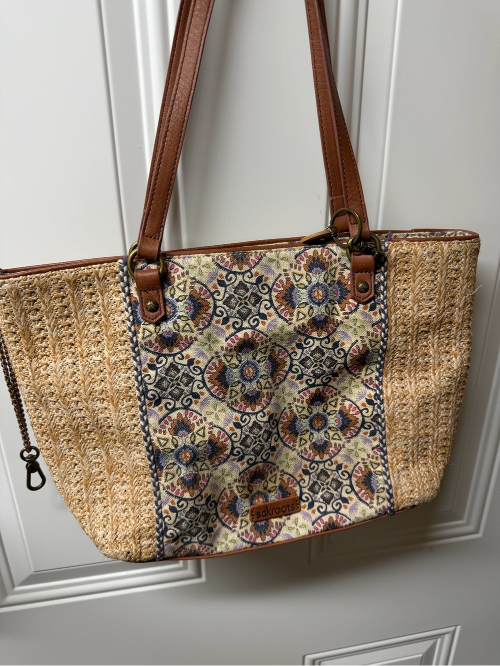 Sakroots Tan Woven Tote with Multicolor Floral Medallion Panel